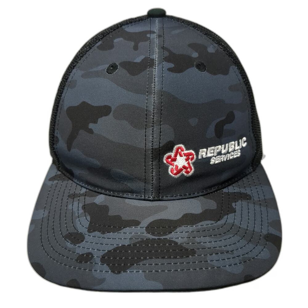 Quake City Caps Republic Services Trucker Hat Blue Camo One Size Mesh Snapback